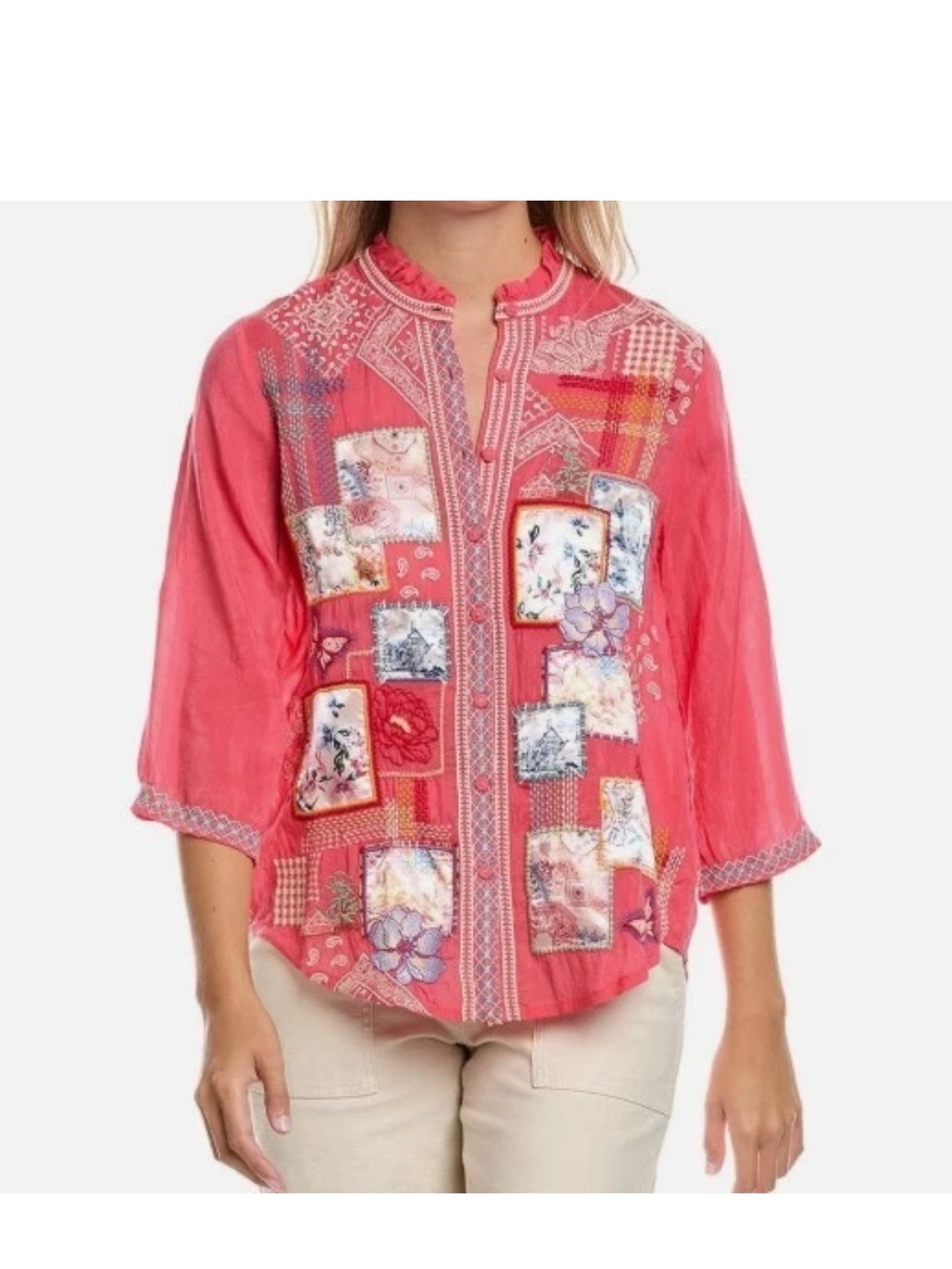 New Sz L Johnny Was Coral Embellished Patchwork Button-Front Blouse